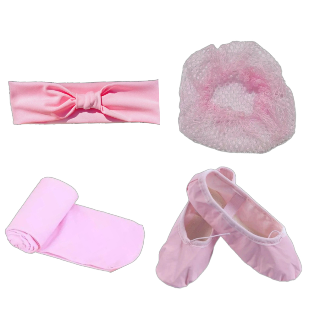 Kit Acessórios Ballet Infantil Com 4 Peças: Faixa + Rede + Meia Calça + Sapatilha