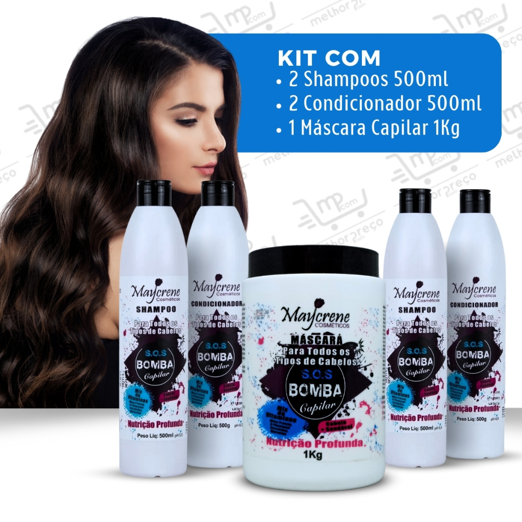 Kit S.O.S Bomba Maycrene Nutrição e Recuperação Capilar (2 Shampoo e 2 Cond 500ml + 1 Máscara 1Kg)
