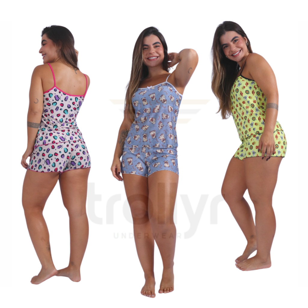 Kit 3 SHORT BABY DOLL  PIJAMAS FEMININO ADULTO ESTAMPADO em Oferta na Shopee