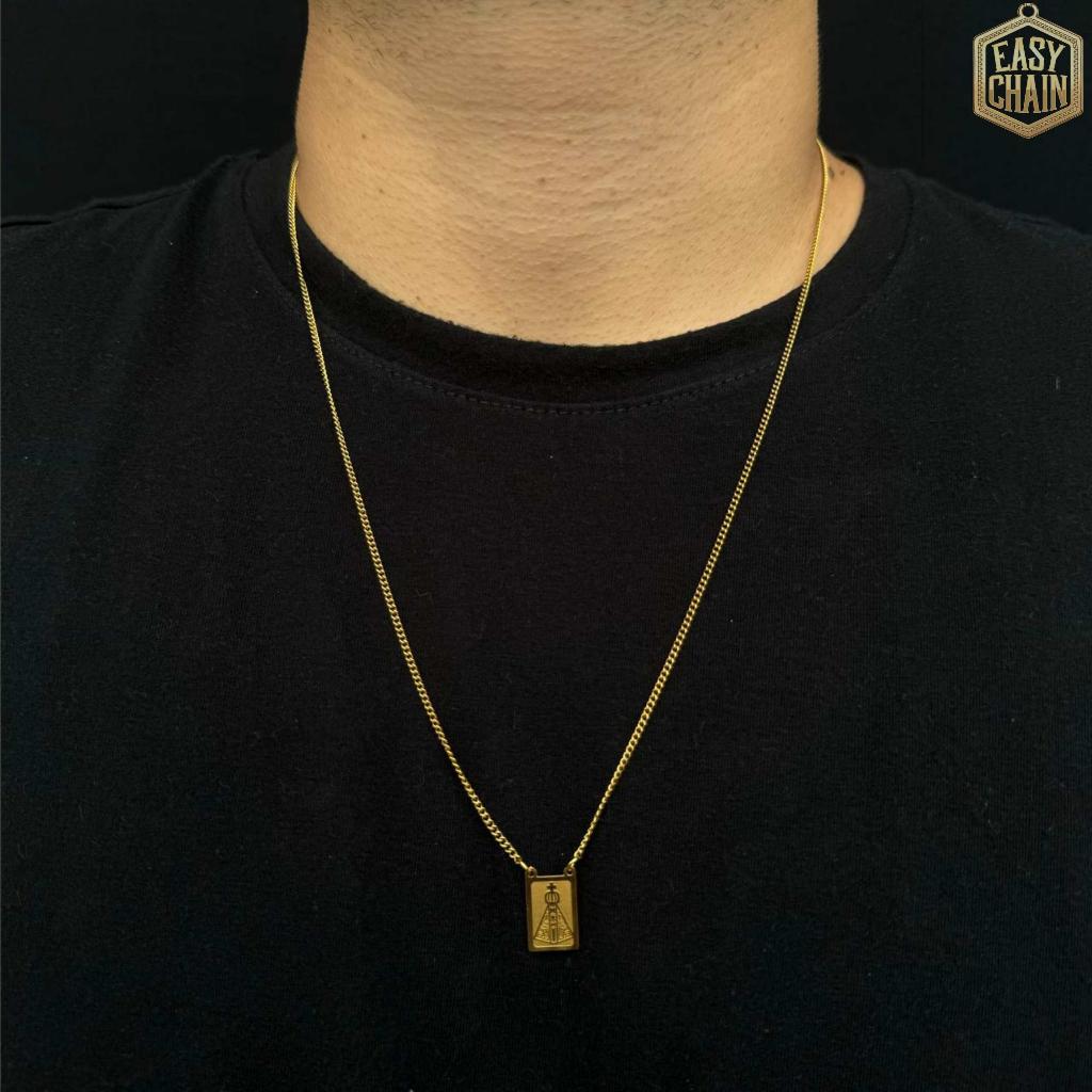 Escapulário Groumet Colar Nossa Senhora Aparecida Banhado a Ouro 18k Corrente Masculino e Feminino Dourada