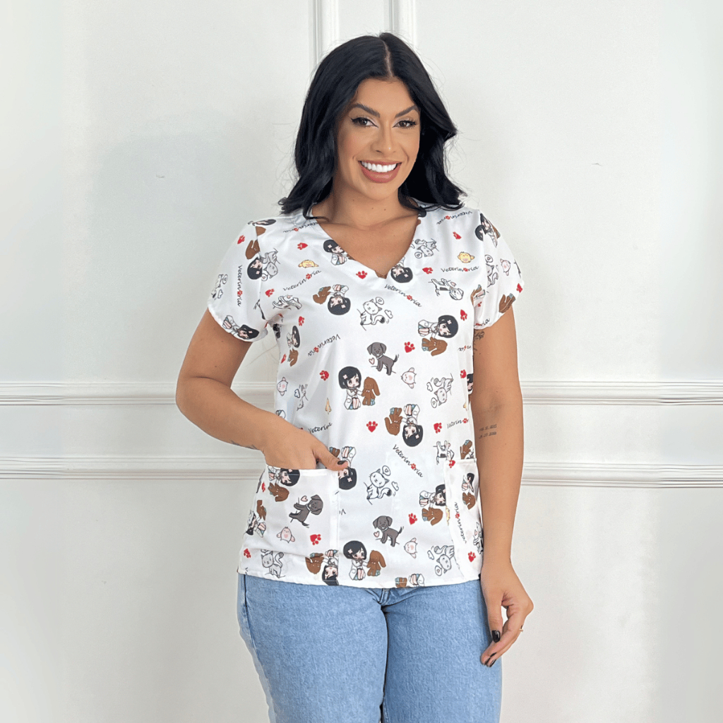 Blusa Bata Scrubs Feminina Estampada Veterinária P ao G1