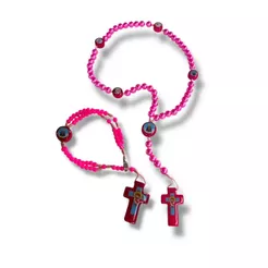 Kit Terço E Pulseira Infantil Varios Santos Madeira Rosa