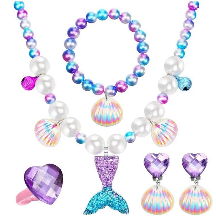 Kit Acessórios Colar Brinco Pulseira Anel Pequena Sereia Ariel Infantil Meninas Fundo do Mar Conchas Pérolas