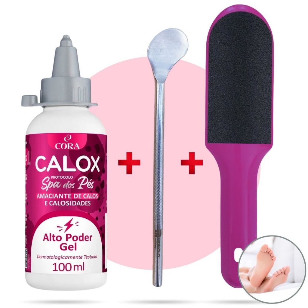 Kit Amaciante removedor Calos + Espátula Bisturi + Lixa SPA Pés Podóloga Pedicure Gel Cora Calox