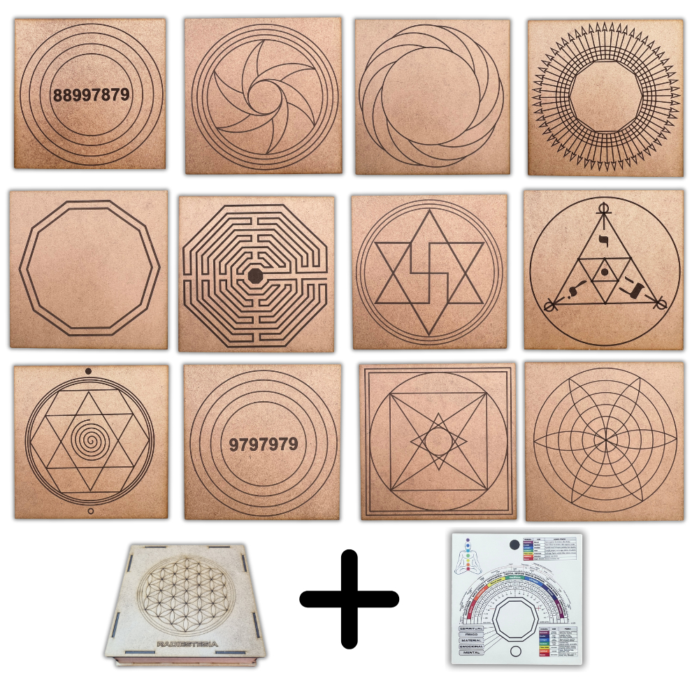 kit caixa + 12 principais gráficos radiônicos em mdf crú 20x20cm + relógio com prancha francesa