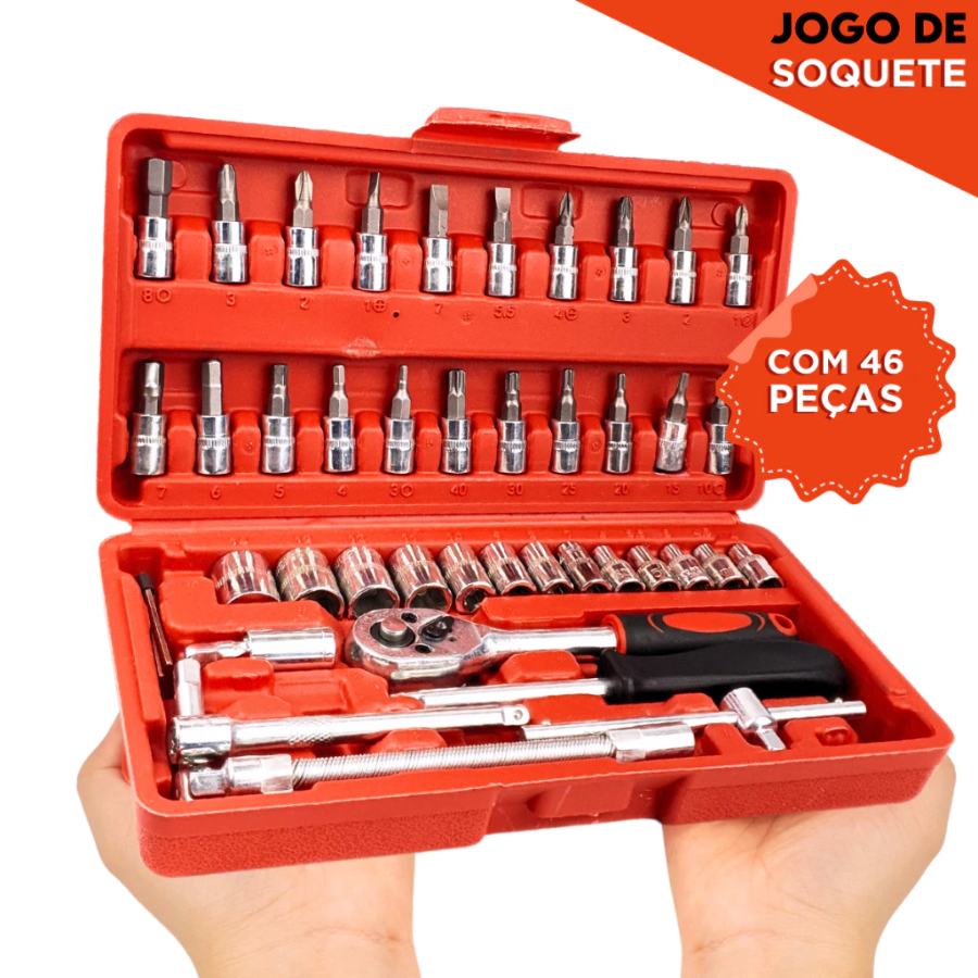 Kit De Ferramentas 46 Peças Jogo De Soquetes Chave Catraca Reversível Com Maleta Completo