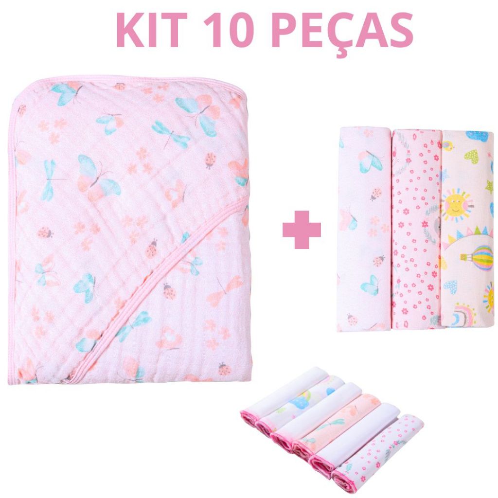 KIT 10 PEÇAS KARINHO - TOALHA SOFT, 3 CUEIROS E 6 PANINHO DE BOCA