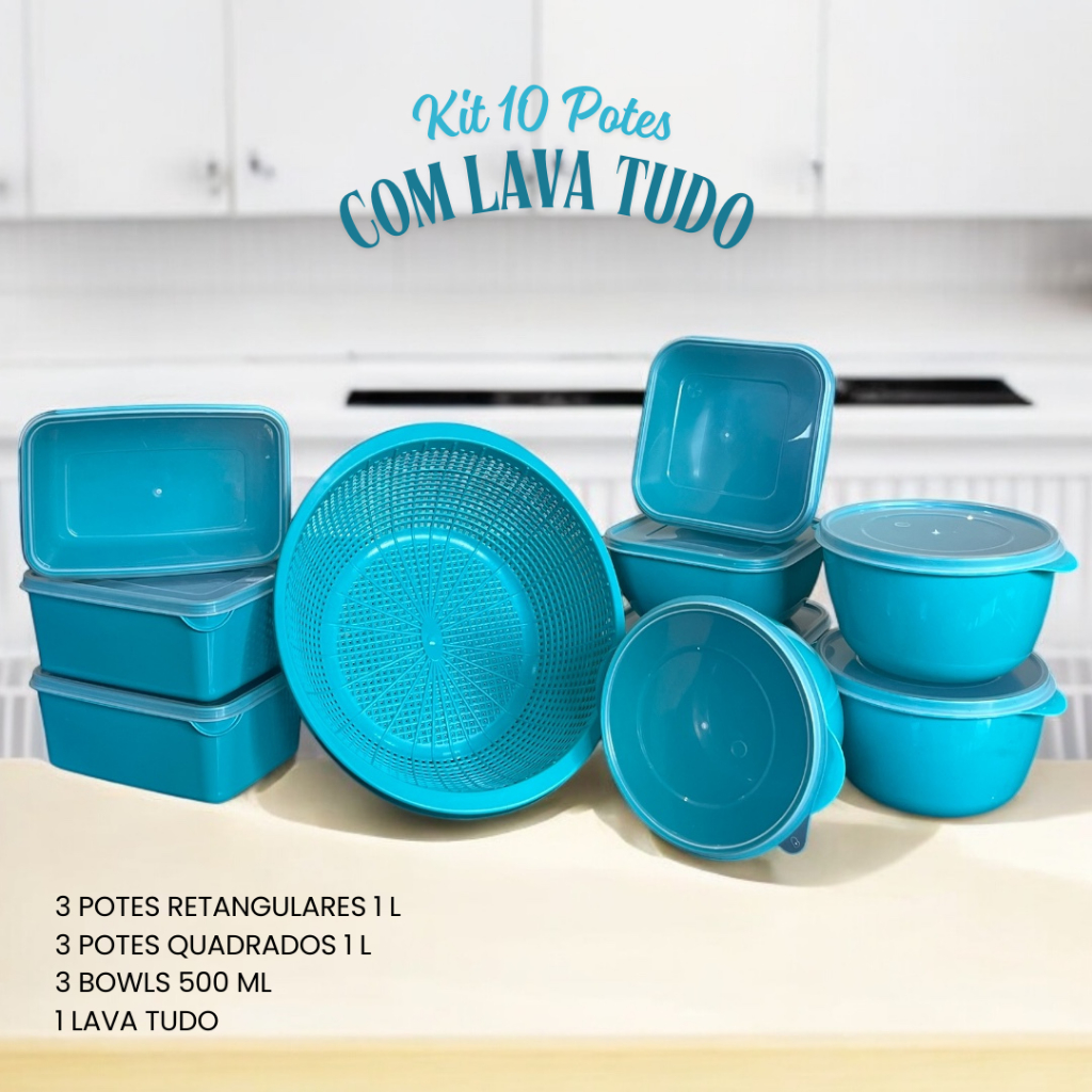 Kit 10 Potes Lava Tudo 3 Bowl 500ml, 3 Quadrado 1L e 3 Retangular 1L Utilidade Doméstica