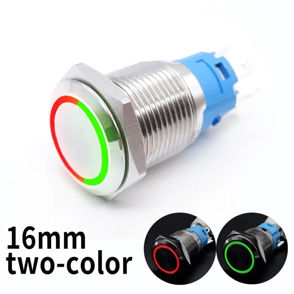 Botão Pulso Start 16mm BICOLOR LED 12/24v Verde + Vermelho Intertravamento Automação