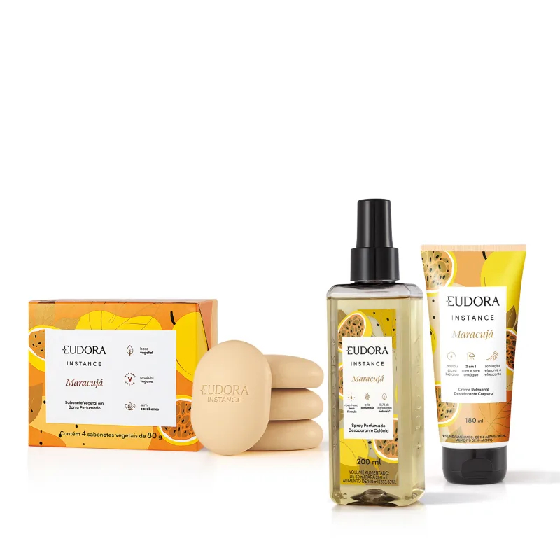 Eudora Kit Instance Maracujá: Spray Colônia 200ml + Creme Corporal 180ml + Sabonete em Barra 4x80g em Oferta na Shopee