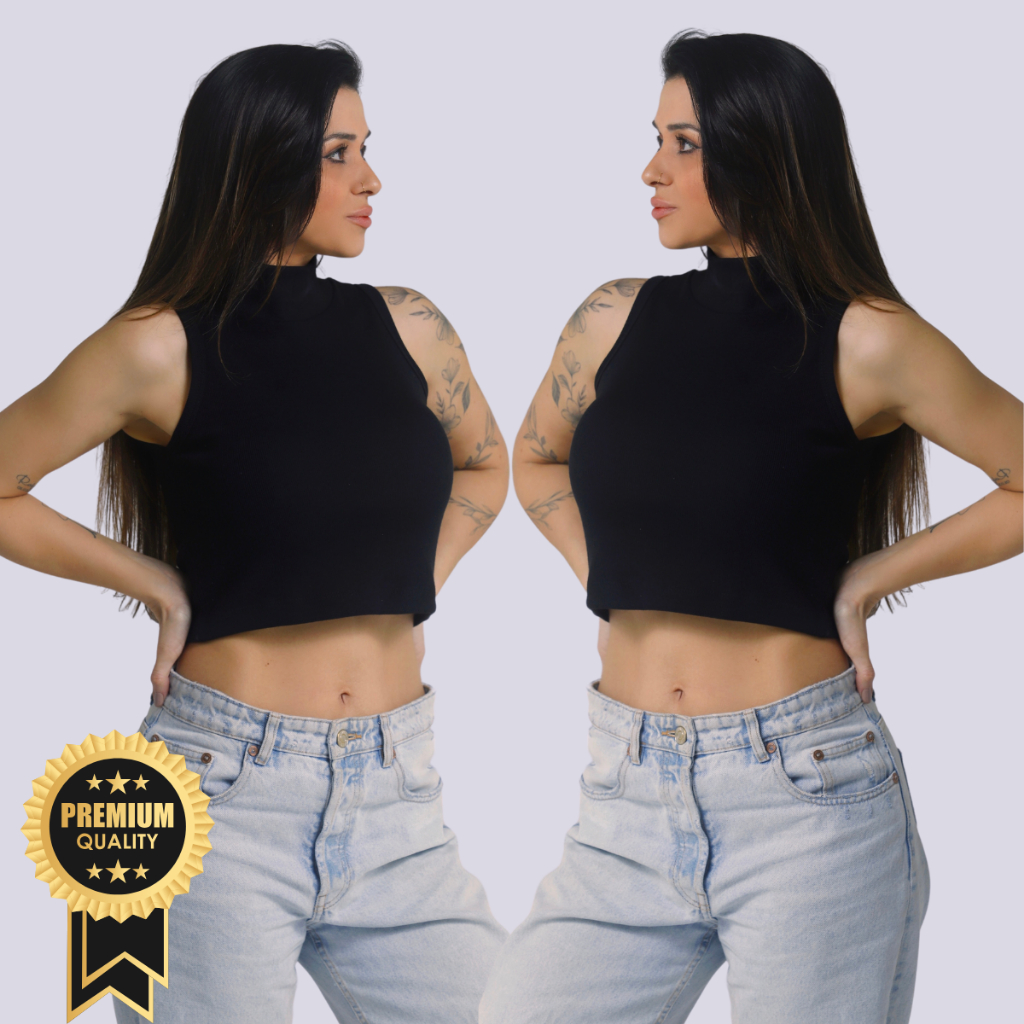 Blusa Feminina Cropped Canelado Gola Alta Ribana Canelada Cropped Gola Alta Em Ribana Canelada Algodão