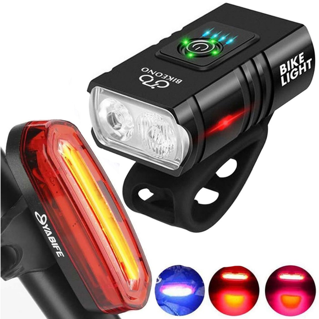Kit Farol Lanterna 2 Led Com Visor Dianteiro + Sinalizador Traseiro Usb Recarregável Led Luzes