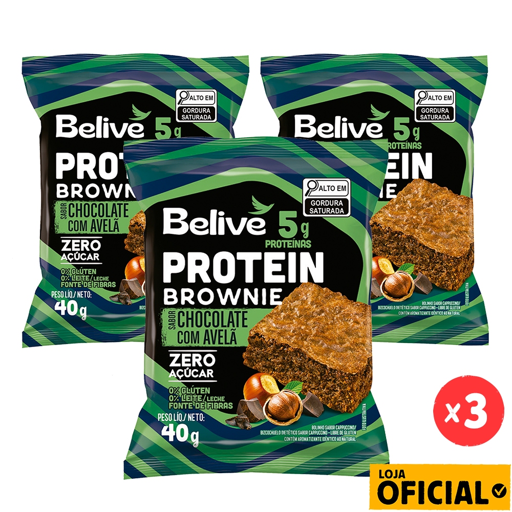 Kit 3 Brownies Protein Chocolate com Avelã Zero Açúcar Sem Glúten Sem Leite Belive em Oferta na Shopee