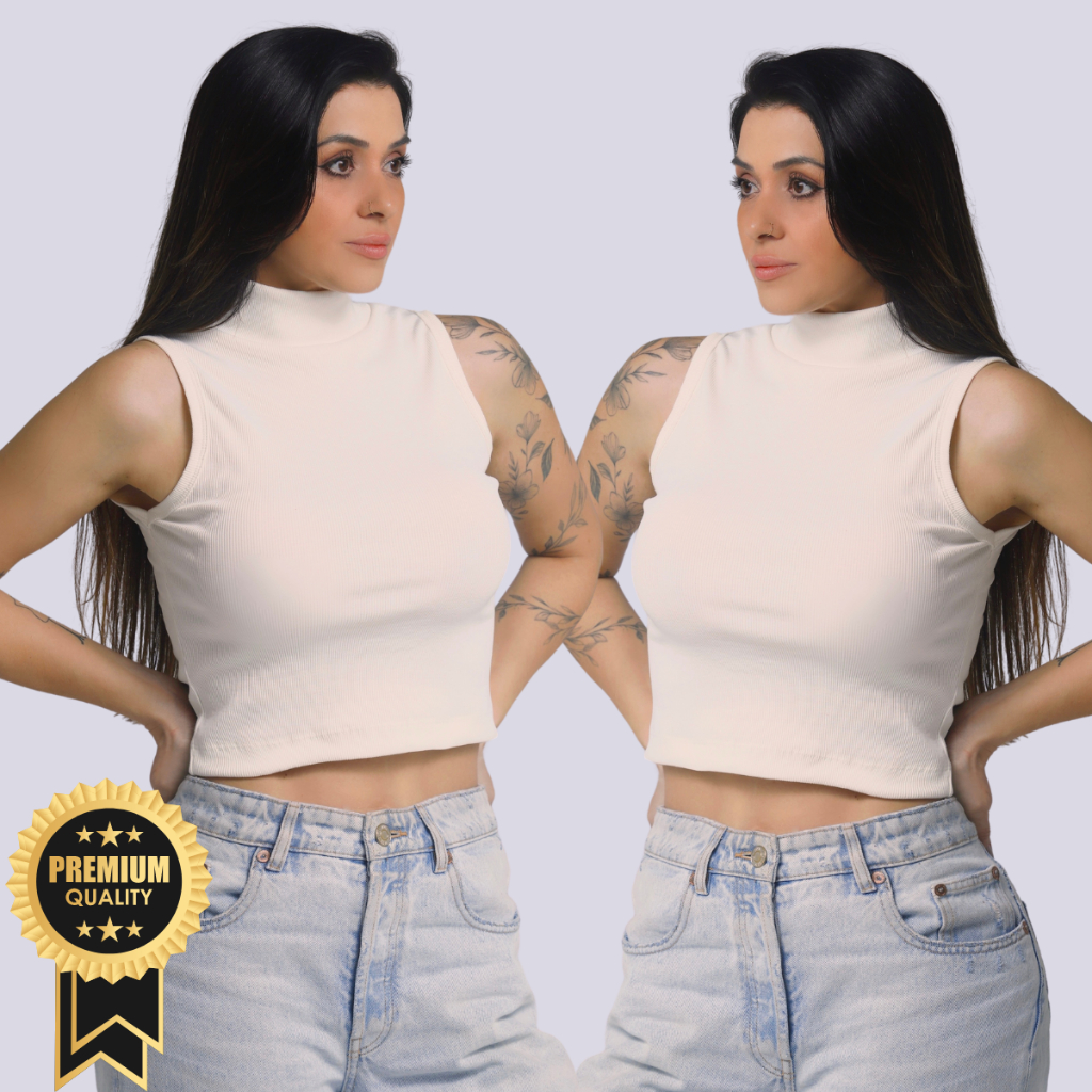Cropped Canelado Gola Alta Feminina Cropped em Ribana Canelada Premium