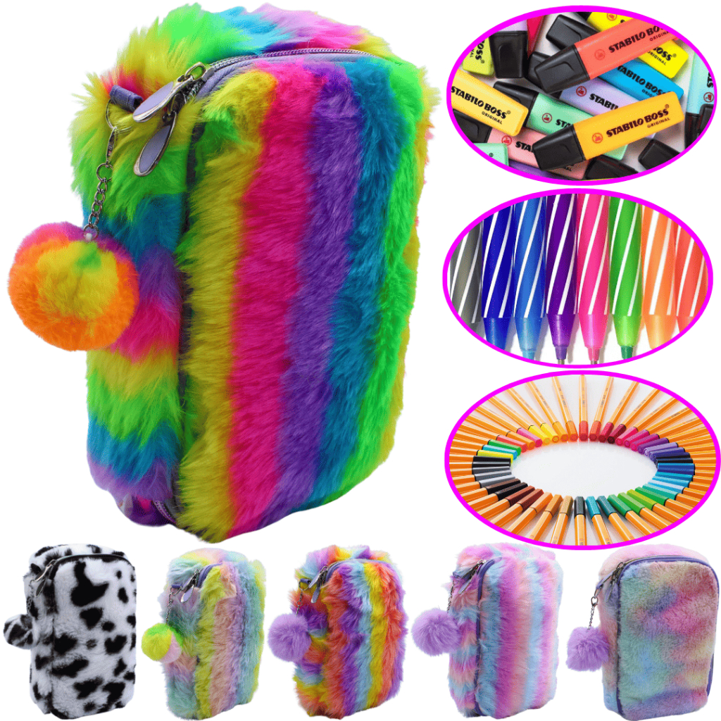Estojo Escolar Box Feminino Pelúcia Quádruplo + Chaveiro Pompom 6 Modelos (ESCOLHA O SEU) em Oferta na Shopee