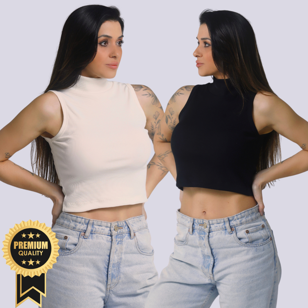 Kit 2 Cropped Canelados Gola Alta Chic Elegante Cropped Gola Alta Em Ribana Canelada Premium