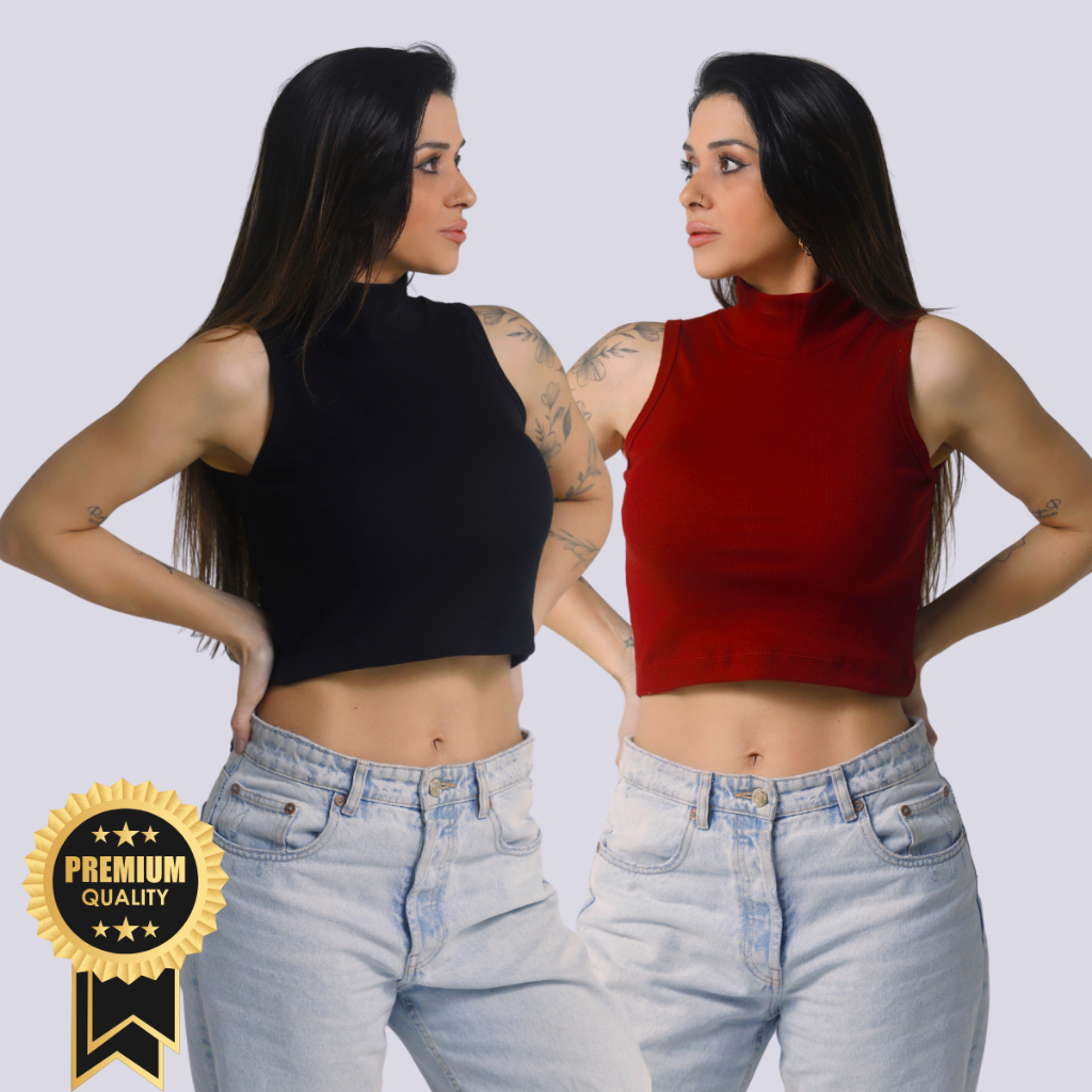 KIT 2 Cropped Gola Alta Canelado Kit Cropped Canelado Kit Com 2 Cropped Em Ribana Canelada
