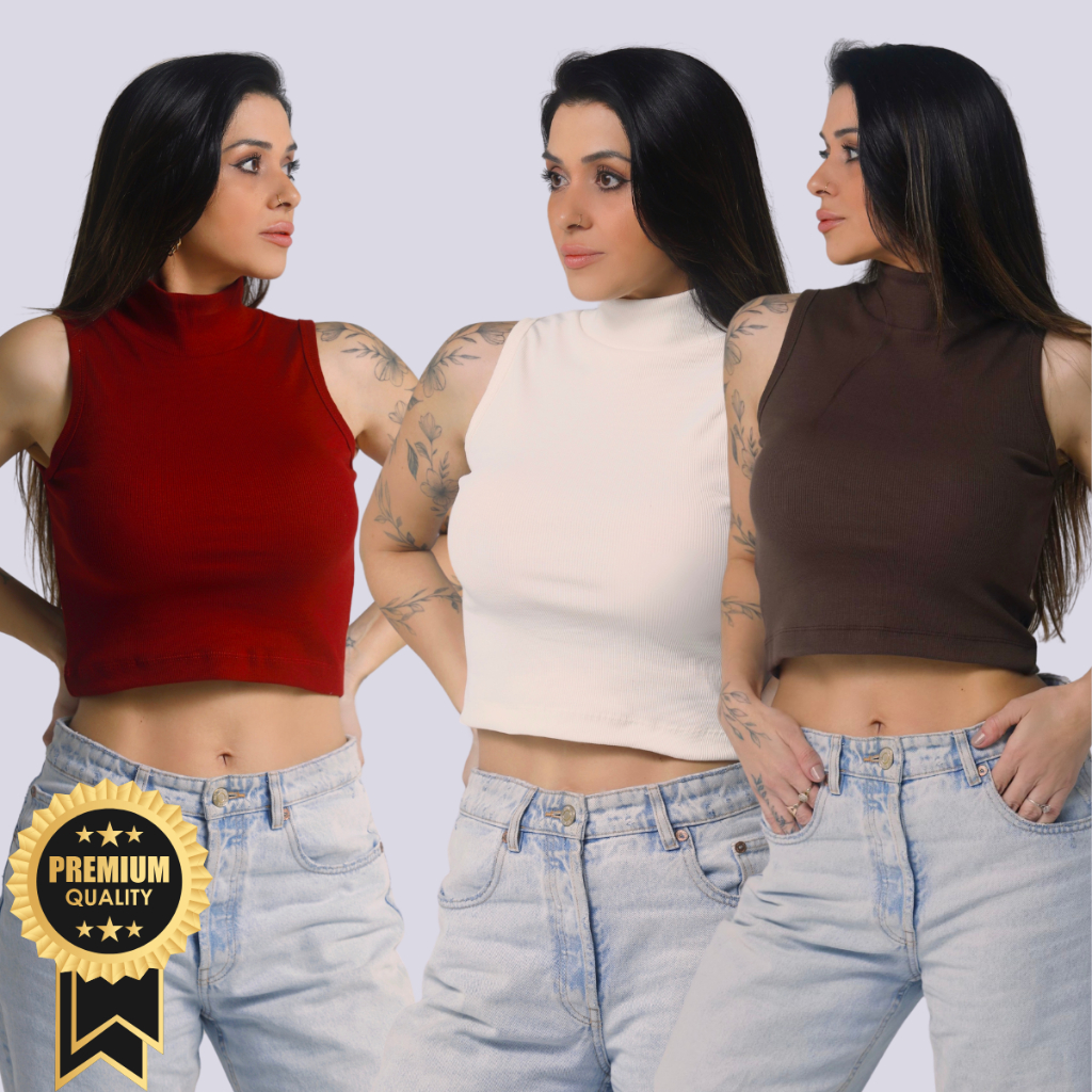 KIT 3 Cropped Gola Alta Canelado Kit Cropped Canelado Kit Com 3 Cropped Em Ribana Canelada