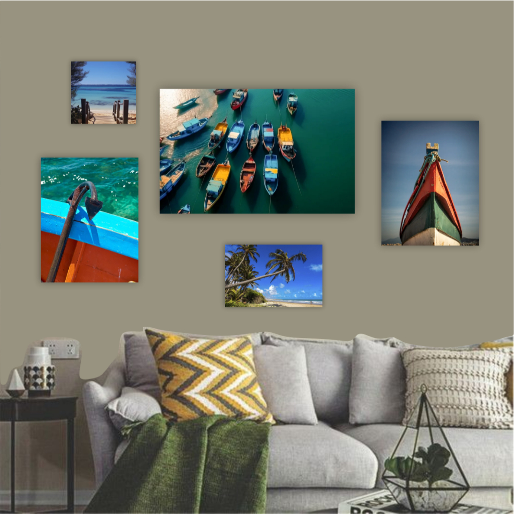 Quadro decorativo 5 peças mar barco praia coqueiro âncora céu azul paisagem decoração sala quarto