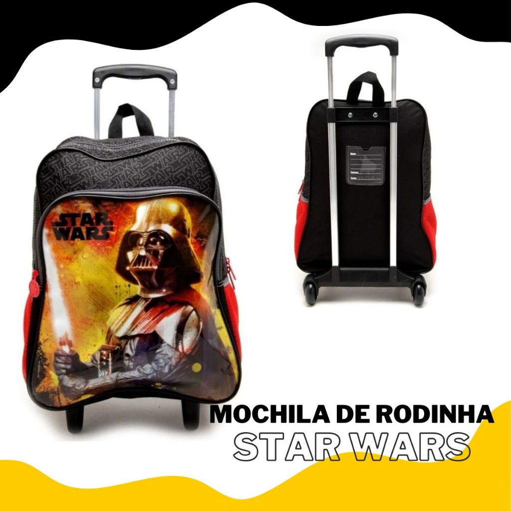 Mochila Rodinha Star Wars Escolar Infantil Bolso Lateral Porta Garrafa Sestini