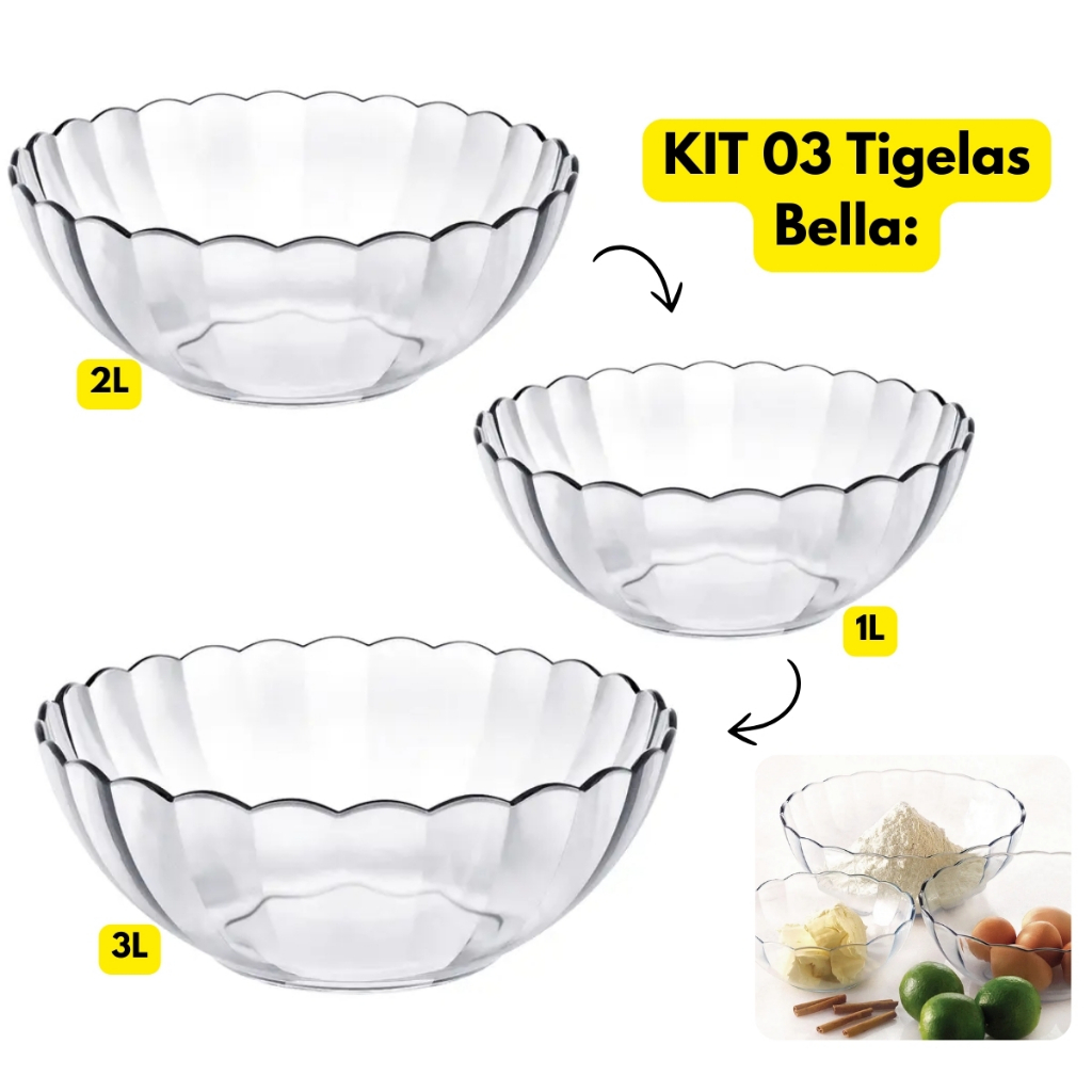 Jogo Kit Tigela Saladeira Vidro Cumbuca Bella Astral Sobremesa Bolo Marinex Redonda Cristalino