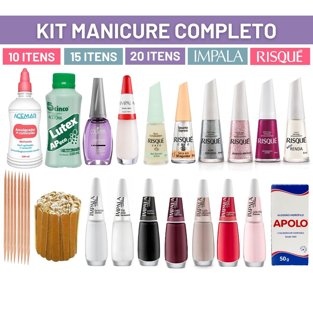 Kit Manicure Completo Esmaltes Impala Risque Acetona Amolecedor Lixa Palito