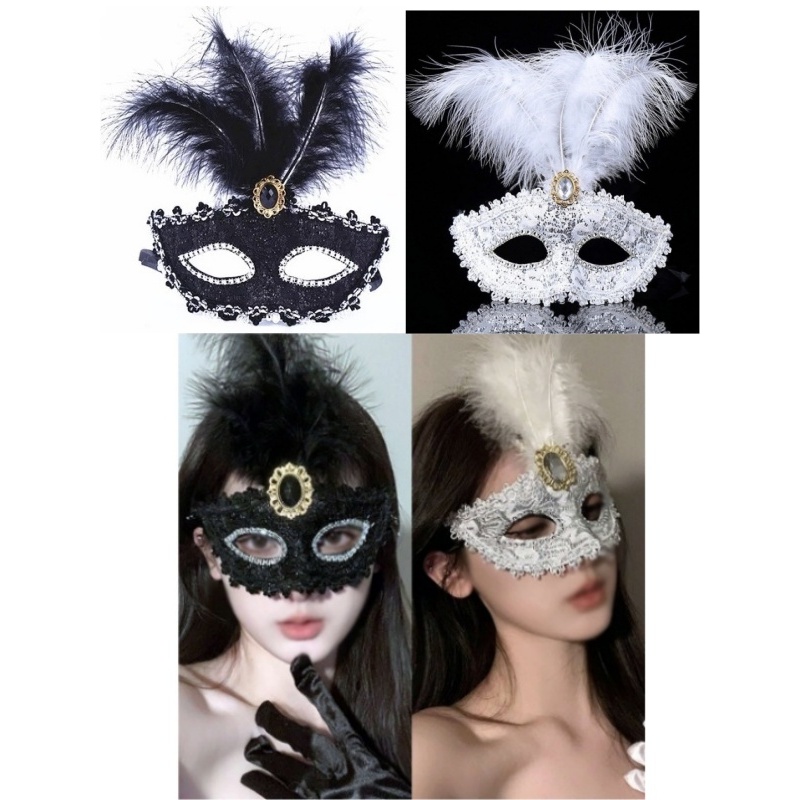 Mascara De Carnaval Deocorada Com Fundo Branco / Pena e Pedra Baile Para Festas Cosplay Fantasia