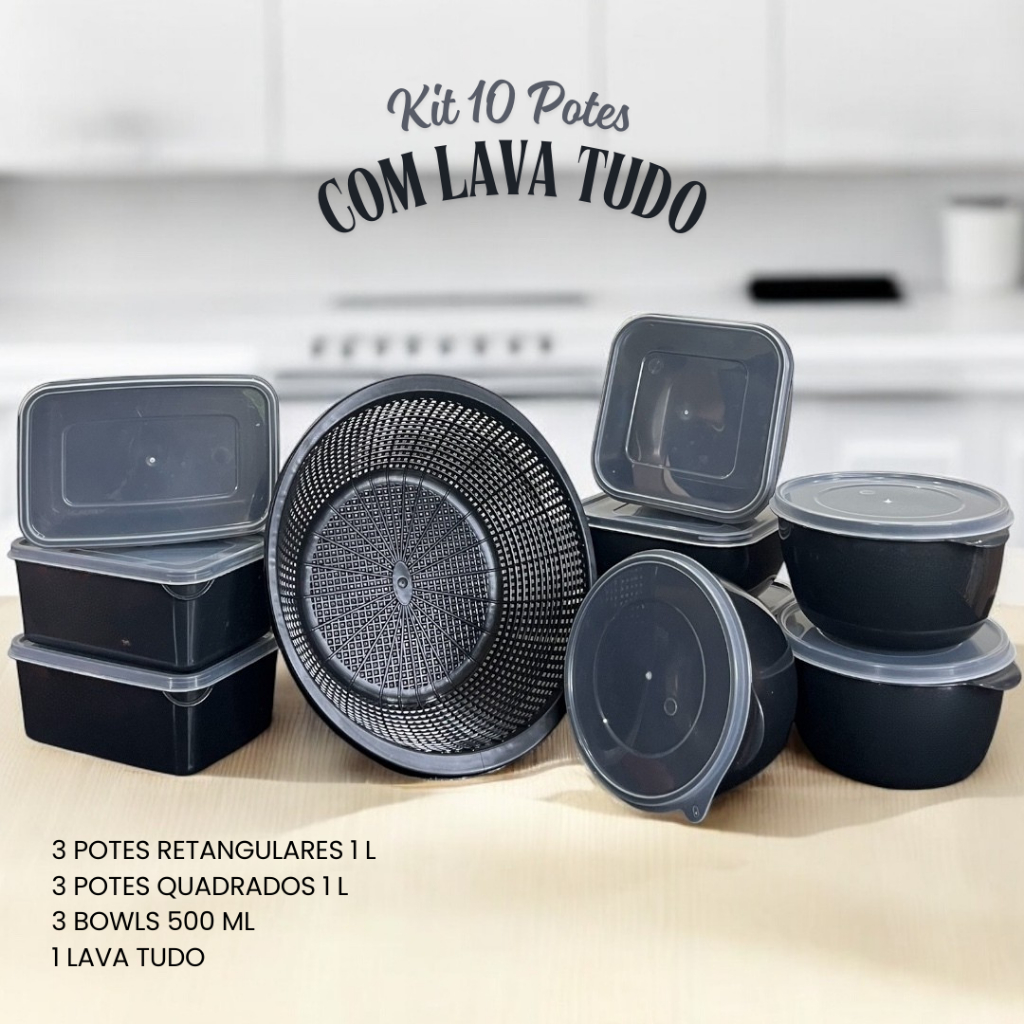Kit 10 Potes Lava Tudo 3 Bowl 500ml, 3 Quadrado 1L e 3 Retangular 1L Utilidade Doméstica