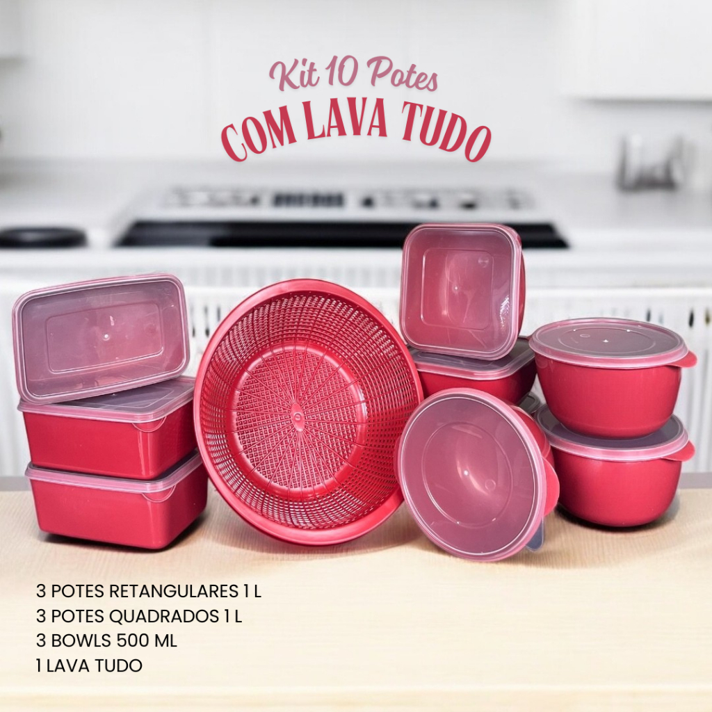 Kit 10 Potes Lava Tudo 3 Bowl 500ml, 3 Quadrado 1L e 3 Retangular 1L Utilidade Doméstica