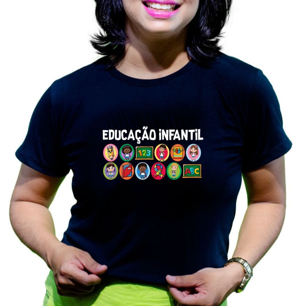 Babylook preta plus size camiseta ensino infantil educação escola professora nome confortável camisa