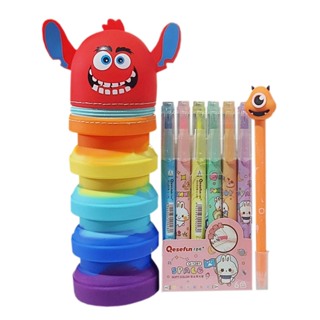 Estojo Porta Treco Divertido Silicone Expansivo Sanfonado + Canetinhas Marca Texto em Oferta na Shopee