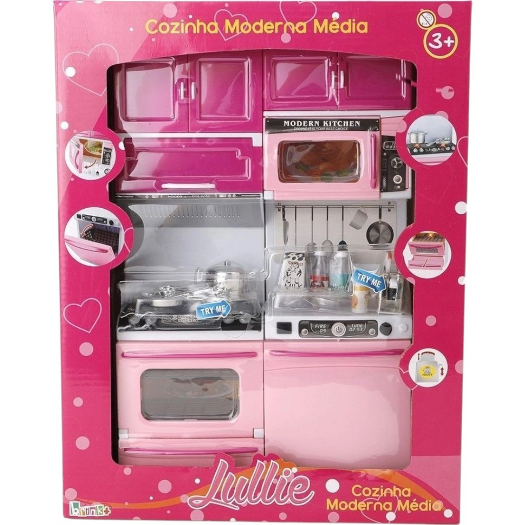 Kit Cozinha Infantil Completa Com Armários Fogão Geladeira e Acessórios Com Som e Luzes Lullie