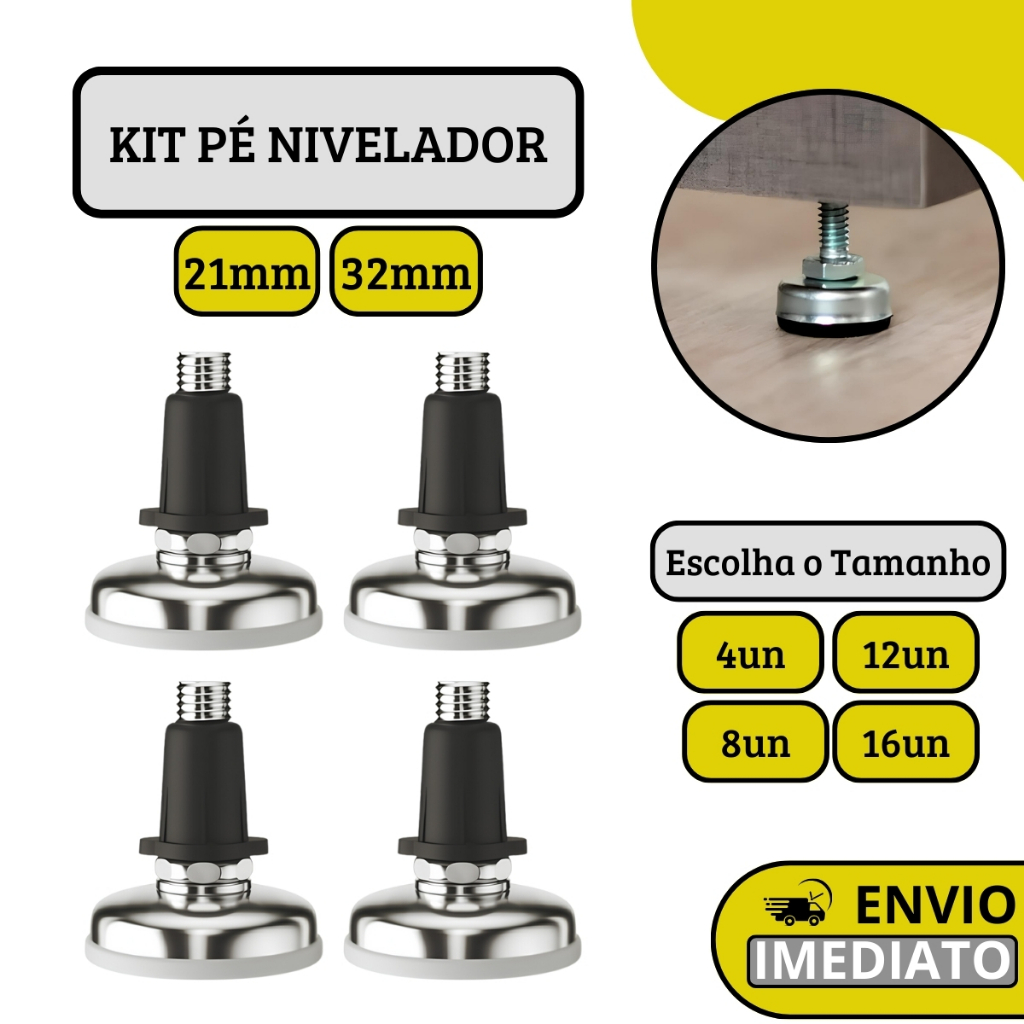 Kit Pé Sapata Niveladora Para Regulagem De Móveis Com Bucha - 21mm | 32mm