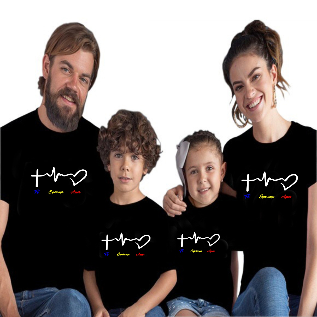 KIT FE ESPERANÇA AMOR TAL MAE PAI FILHO FILHA COM 4 PRETO CAMISETAS GOSPEL FAMILIA