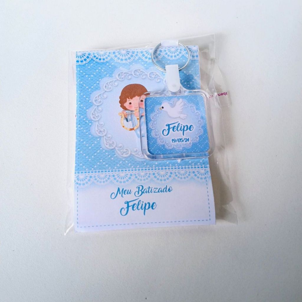 Combo Bloquinho + Chaveiro de Acrílico Batizado Menino - Lembrancinha Pra Batizado - Personalizado