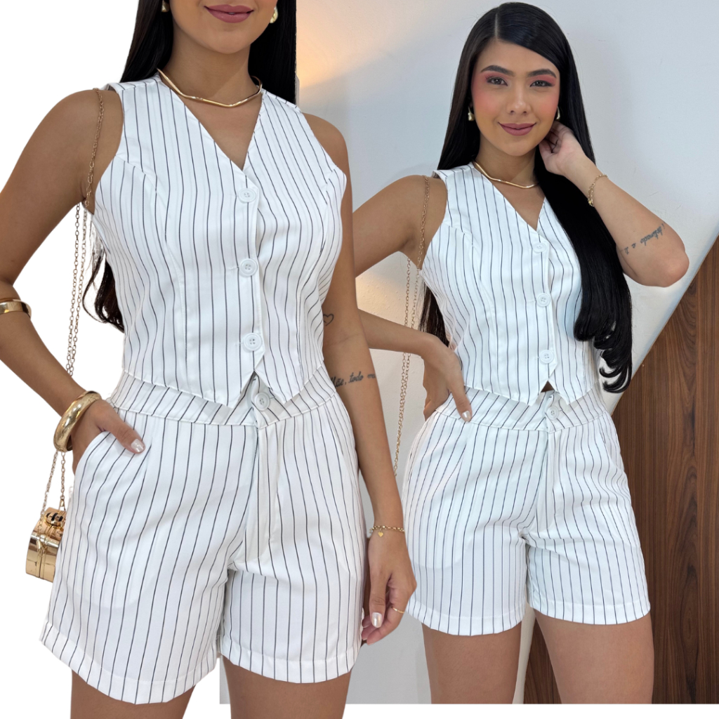 CONJUNTO RISCA DE GIZ COLETE+SHORT FEMININO