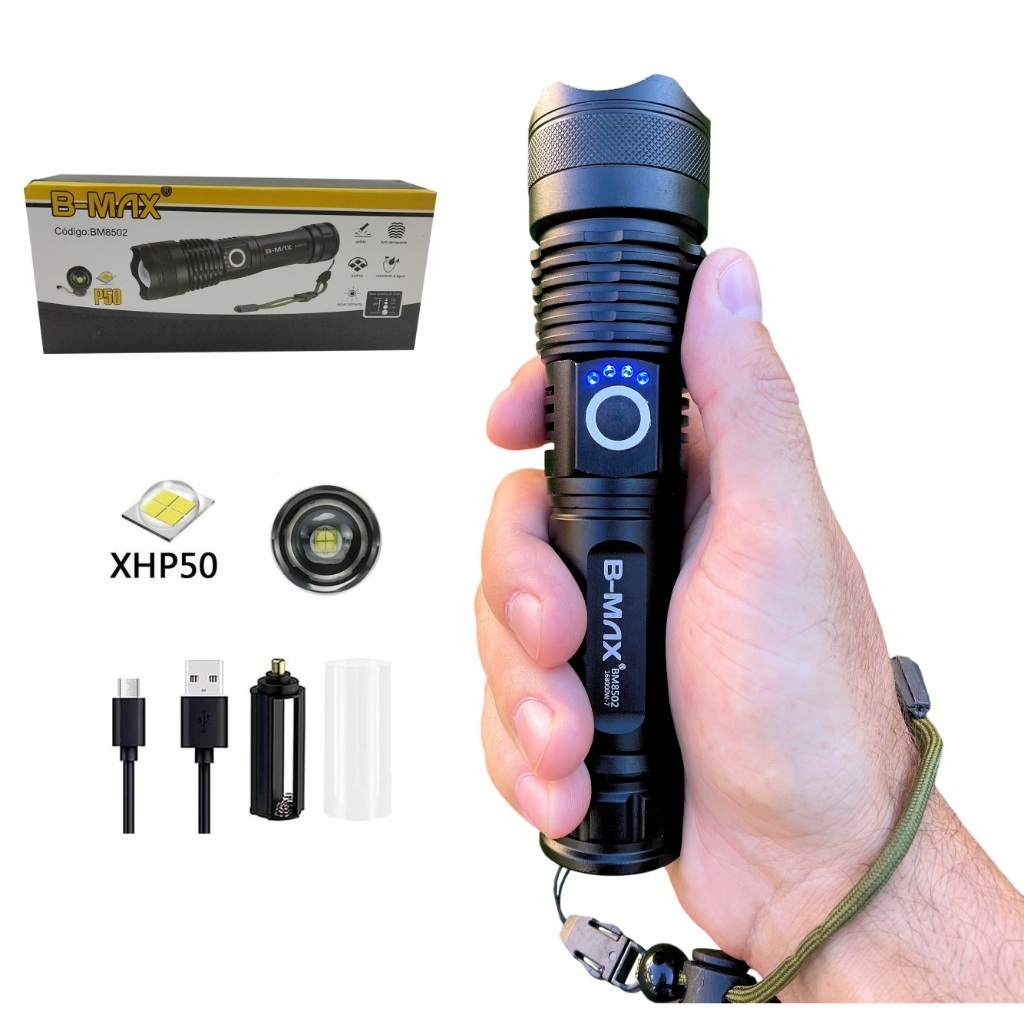 Lanterna Tática Recarregável T9 Led P50 Ultra potente Acampamento Caça Trilha Sitio Fazenda EDC