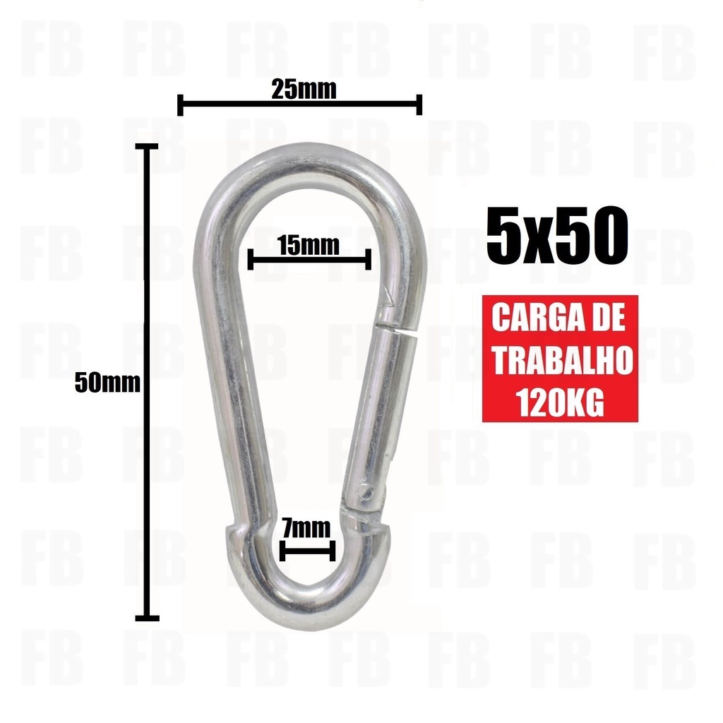 Kit 4 Mosquetões 5x50m Trava Simples Aço Galvanizado Suporta 100kg
