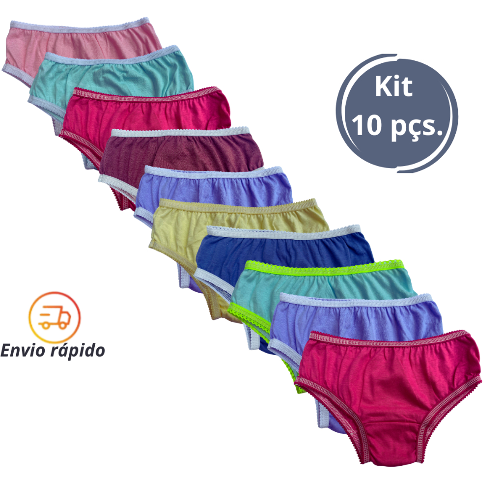 Kit 10 Calcinha 100%  Algodão Infantil com  Forro Cores Sortidas e Lisas