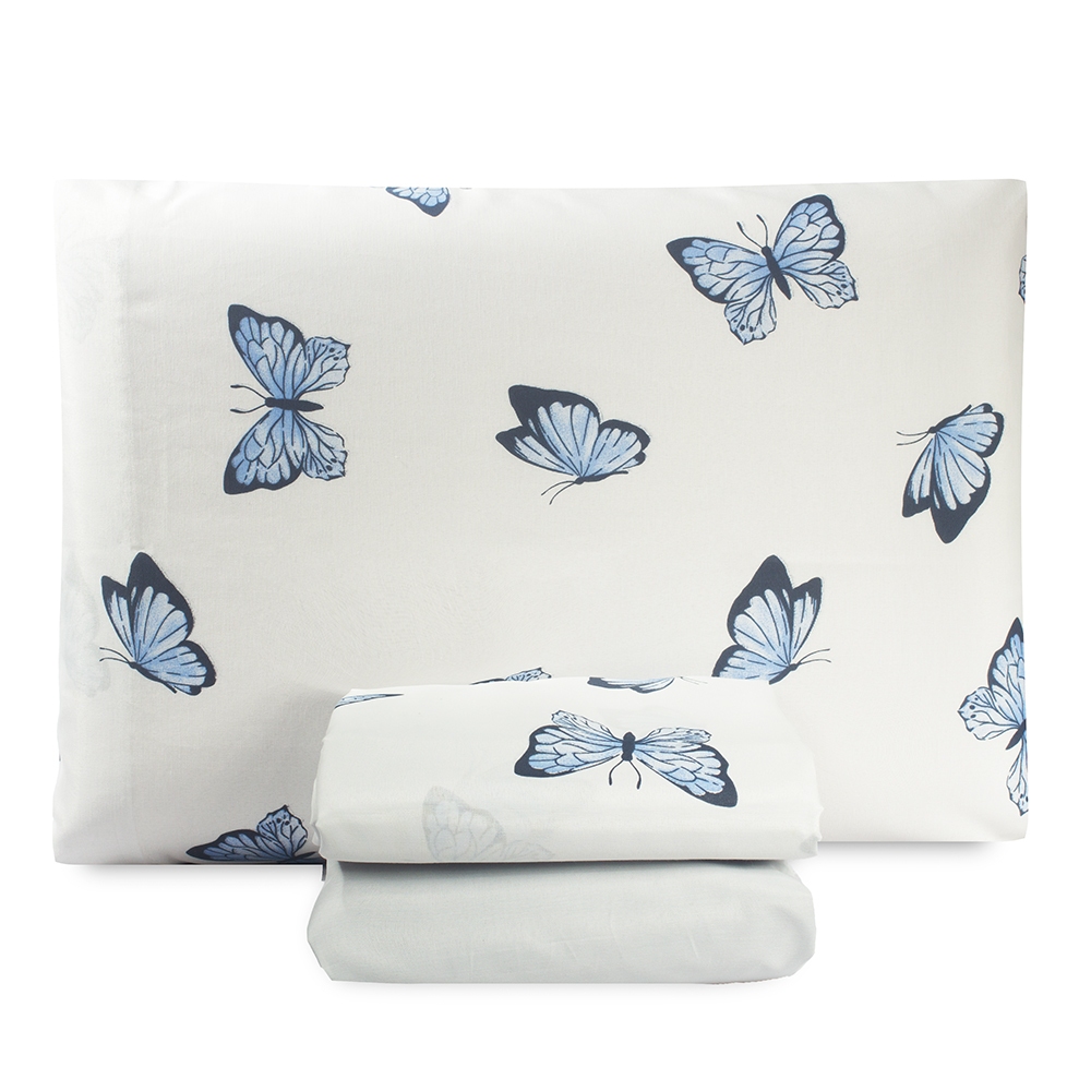 Kit Jogo de Cama Lençol Solteiro Roupa de Cama 03 Peças Quarto Estampado Borboleta Azul Branco