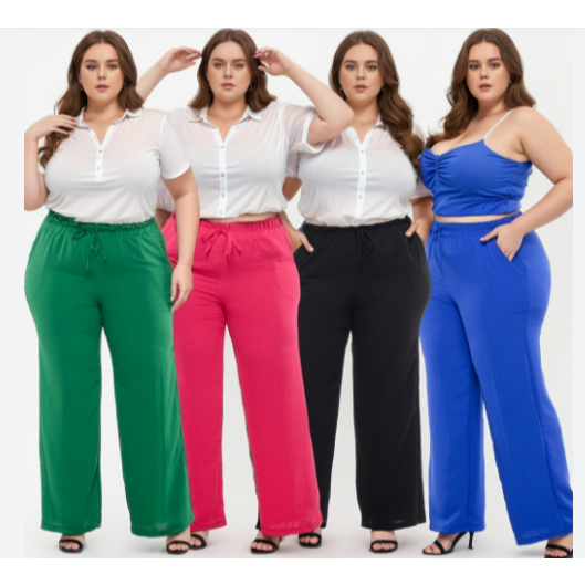 Calça Pantalona Plus Size Feminina Elástico Na Cintura Com Bolso Cintura Alta Tecido Duna