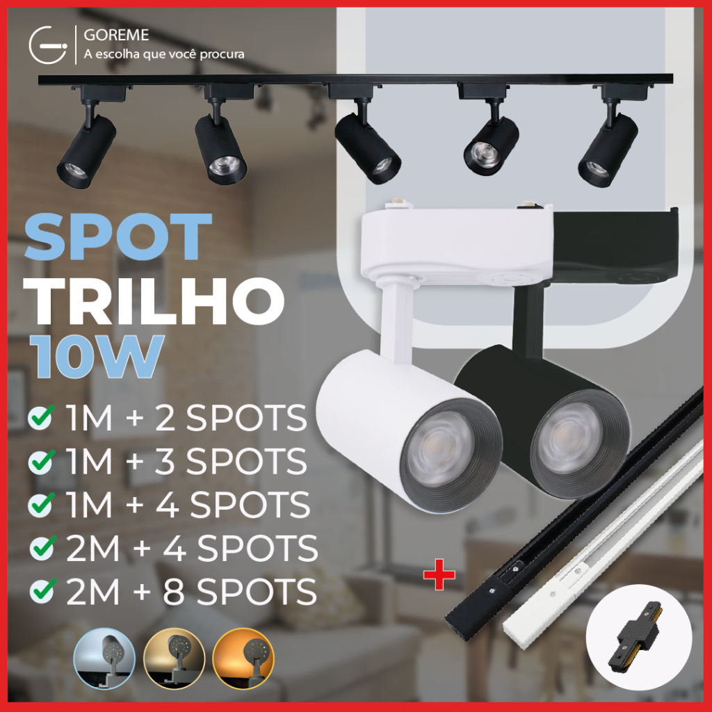 Trilho Spot LED para trilho eletrificado + Trilho + Conector Tubinho Preto e Branco 10W 36...