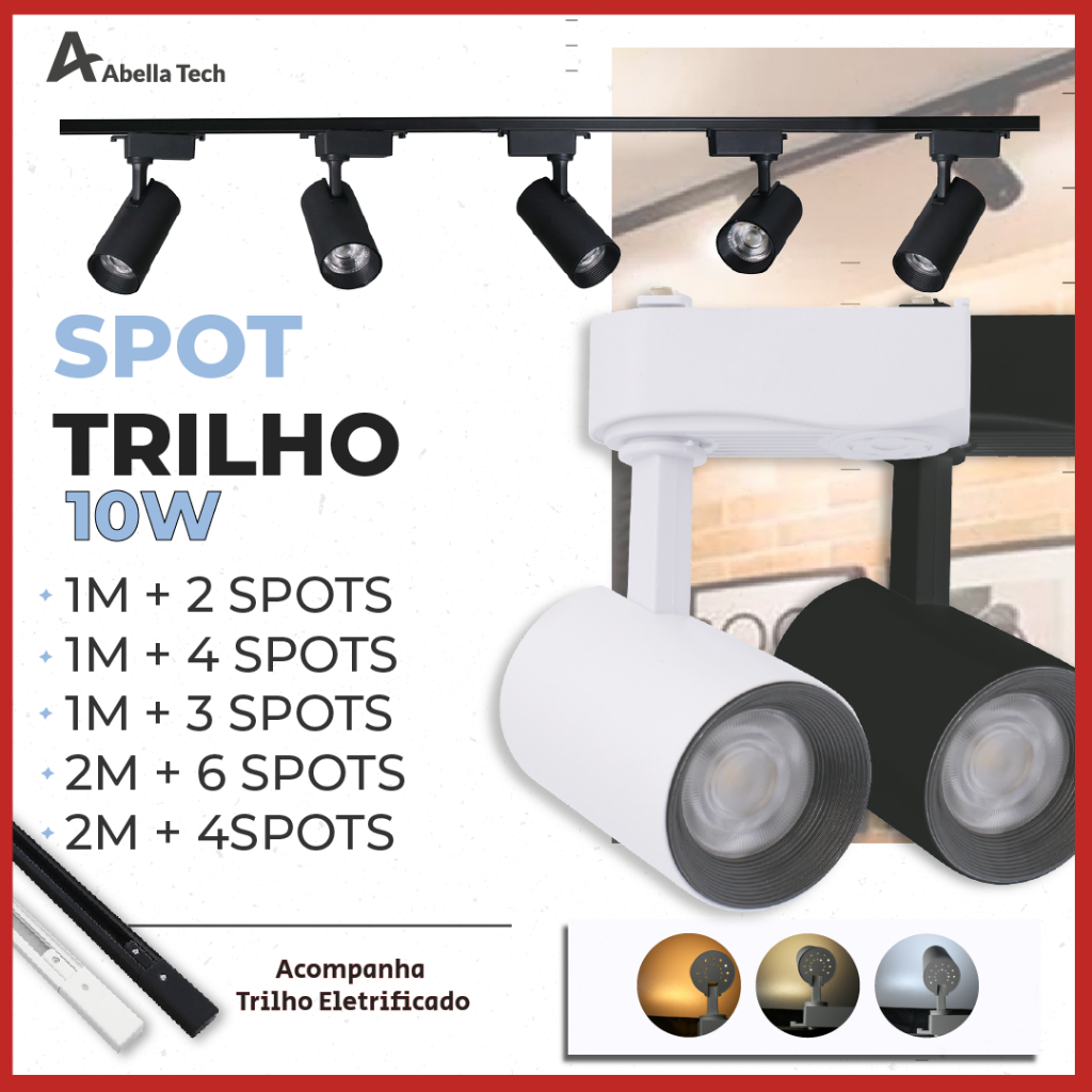 Trilho Spot LED para trilho eletrificado + Trilho + Conector Tubinho Preto e Branco 10W 360° Bivolt em Oferta na Shopee