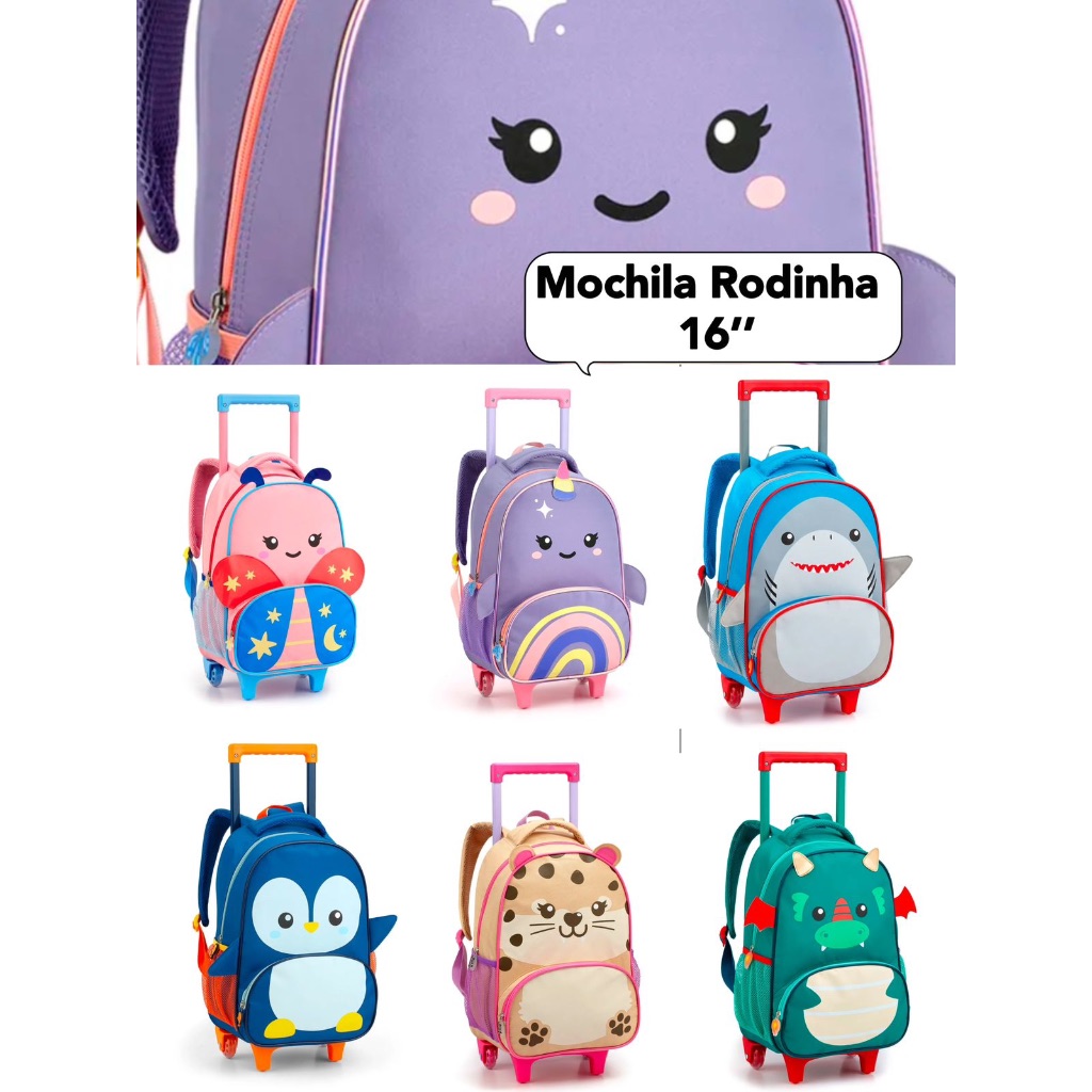 Mochila Escolar Com Rodinha 16'' Pinguim Golfinho Chita Zoop Mochila Com Carrinho Menina Menino