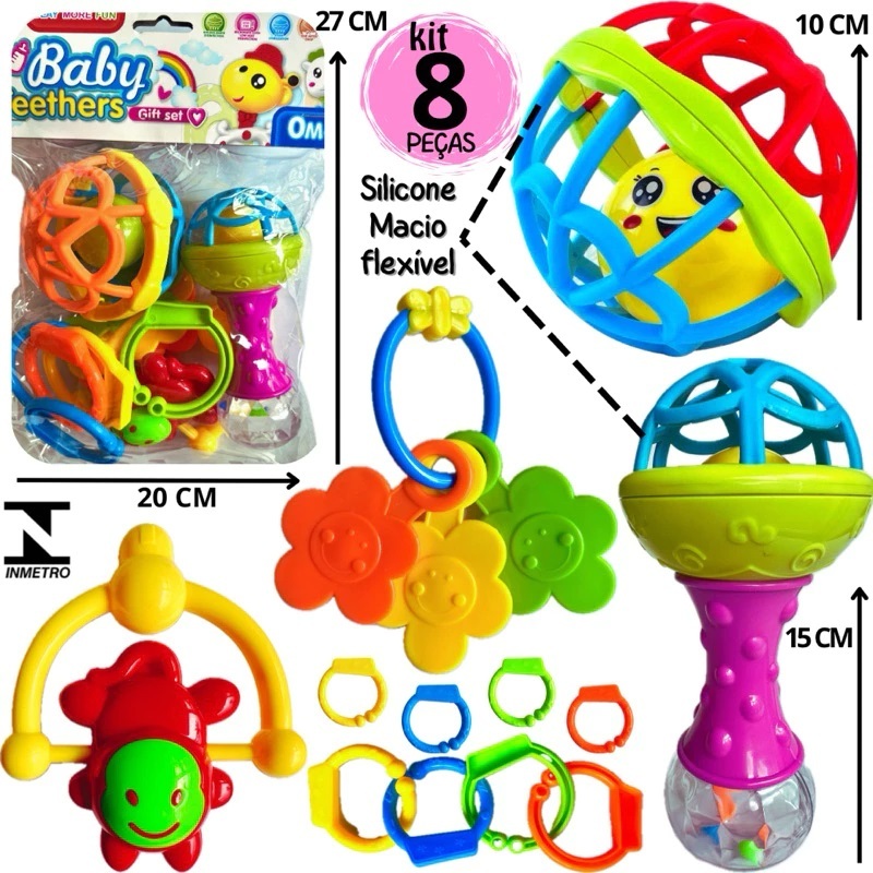 kit chocalhos Chocalho para Bebe Mordedor Brinquedo Infantil Educativo Bebê 8 Peças