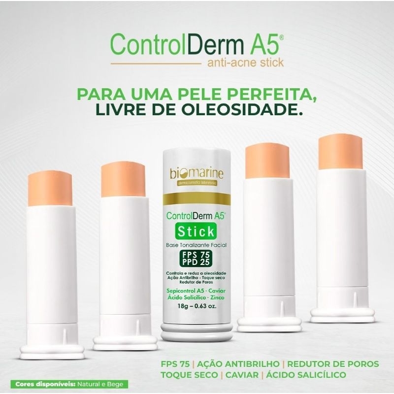 Stick Control Derm A5 FPS 75 | PPD 25 Protetor Solar, Controle de Oleosidade 50ml Biomarine