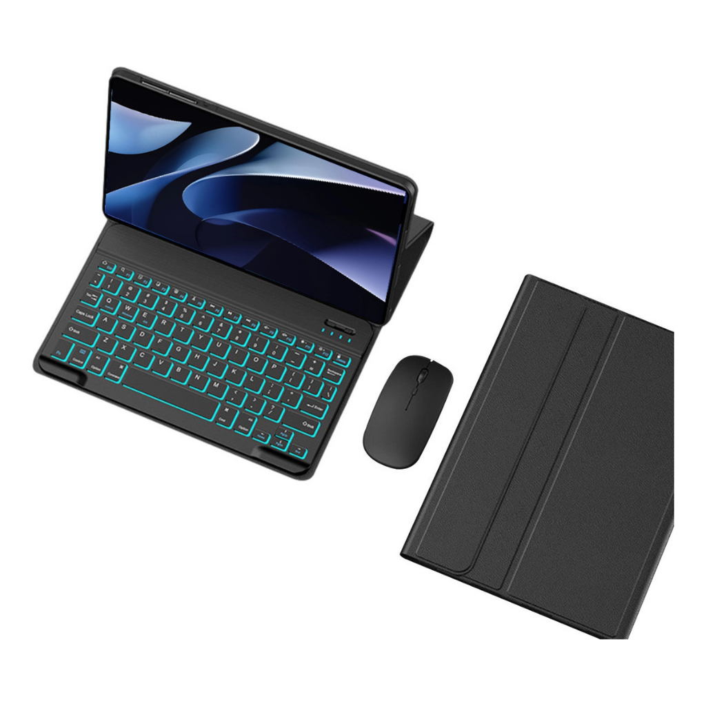 Kit composto por uma capa preta para tablet Samsung, teclado retroiluminado com layout ABNT2 e um mouse sem fio lateral.