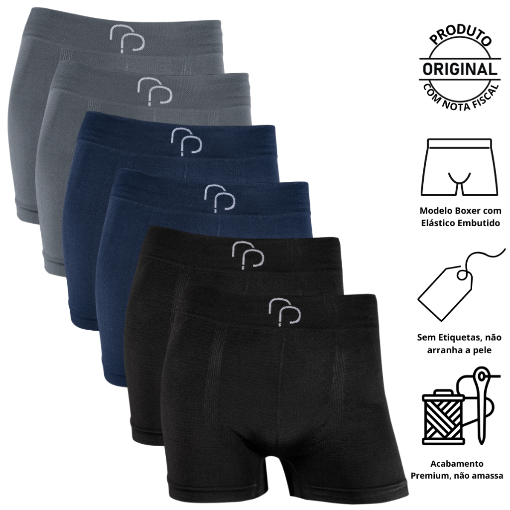 Kit 6 Cuecas Boxer Box RP Microfibra Sem Costura Seamless Elastano Lisa Confortável