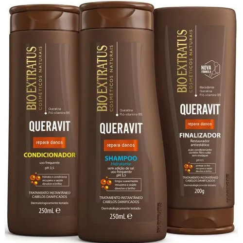 Kit Tratamento Instantaneo Bio Extratus Queravit Shampoo Hidratante 250ml, Condicionador e Finalizador 200g
