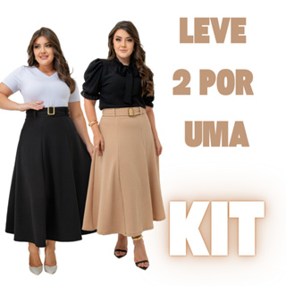 Kit 2  Saia Midi Godê com Cinto Moda feminina evangélica Cores lisa em Oferta na Shopee
